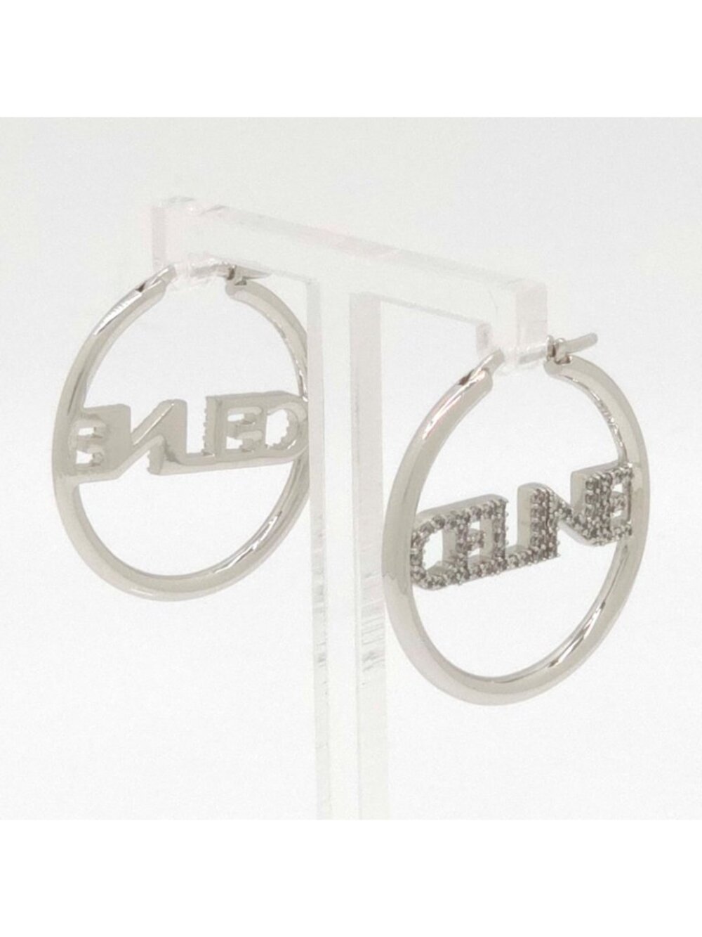 Celine Monochrome Strass Hoop Earrings Logo Crystal Rhodium Finish Brass Box - Picture 2 of 10